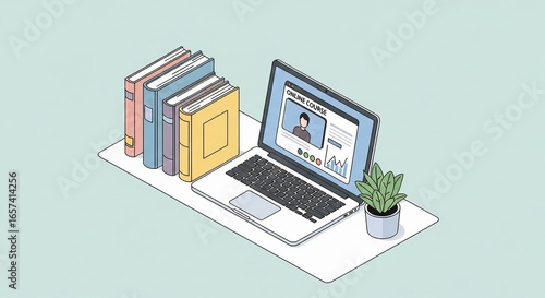 Online learning illustration featuring a laptop displaying an online course video, surrounded by books and a plant, conveying the concept of e-learning and digital education on a white platform.