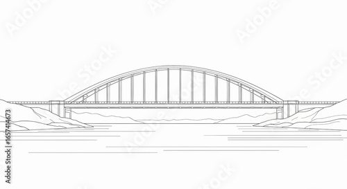 Detailed line art illustration of a majestic arch bridge spanning across a calm river with rolling hills on both sides, symbolizing connection and infrastructure.