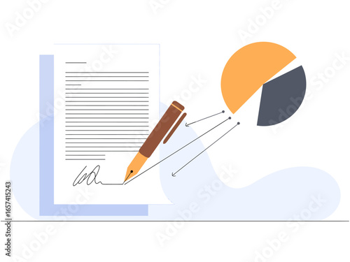 Signing Business Contract Agreement with Financial Pie Chart Data Analysis for Project Management and Strategic Decision Making Illustration