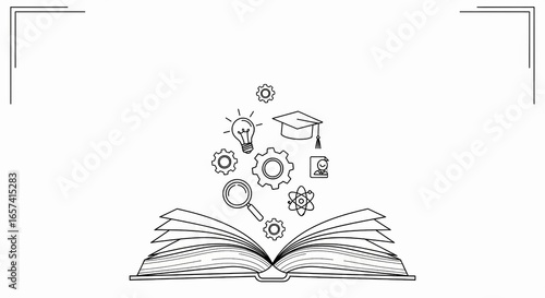 Open book with floating learning and innovation icons representing knowledge, education, research, and the power of reading for generating new ideas, presented as a line art illustration.