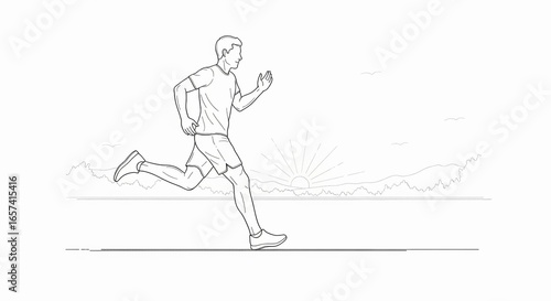 Line art illustration of a man running outdoors at sunrise, showcasing fitness and healthy lifestyle. Great for advertising sports apparel and health programs.