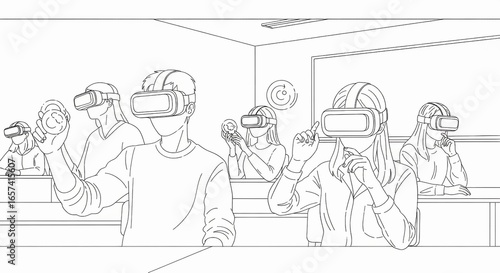 Students in a classroom wearing VR headsets engage with virtual reality technology, experiencing immersive learning and interactive digital content.