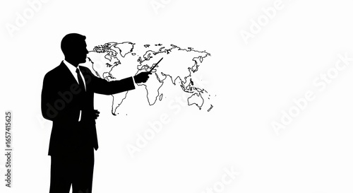 Silhouette of businessman pointing at a world map, representing global business and strategy, on white background.