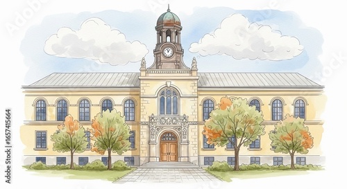 Watercolor illustration of a grand, historical building with a clock tower under a cloudy sky, evoking a sense of academia, tradition, and architectural beauty for educational and cultural uses.