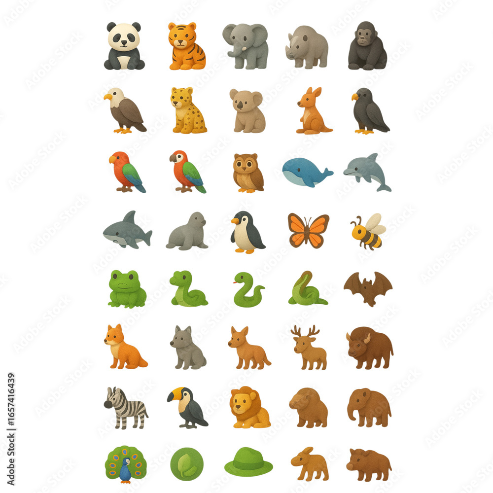Obraz premium Diverse Collection of 3D Animal Icons Arranged in a Grid panda tiger isolated on a transparent background