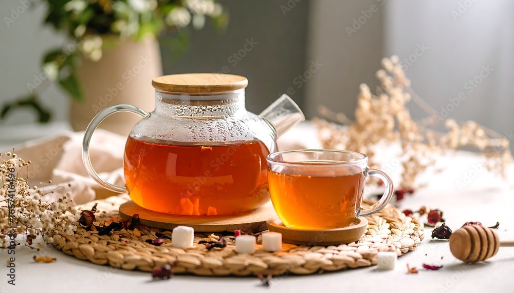Fototapeta premium Invigorating herbal tea composition in a glass teapot and cup on the table