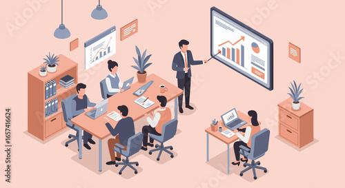 Isometric Business Meeting with Presentation and Team.