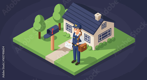 Smiling Mail Carrier Delivering Letter to House.