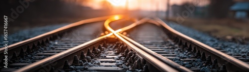 Close-up of railroad tracks diverging at sunset