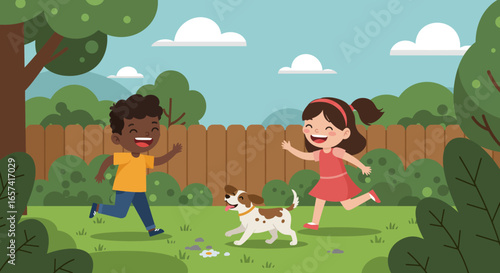 Children and Dog Playing Happily in the Backyard.