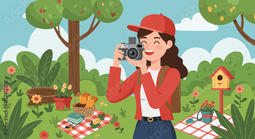 Happy Woman Taking Photos with Camera Outdoors.