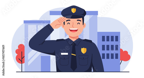 Smiling Police Officer Saluting with Uniform and Badge.