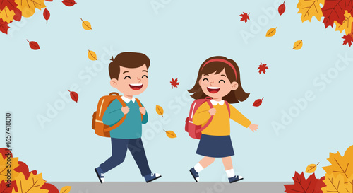Cheerful School Children Walking Together with Backpacks.