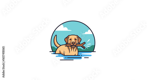 happy labrador retriever dog logo fetching stick in water perfect for pet businesses veterinarians or outdoor recreation brands