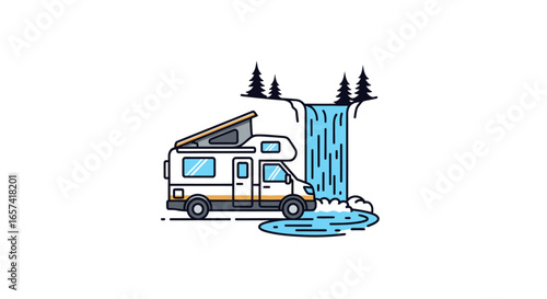campervan by waterfall illustrative logo for adventure travel tourism and outdoor recreation businesses