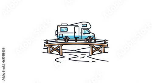 rv adventure motorhome crossing rustic bridge perfect for travel tourism and vacation logos