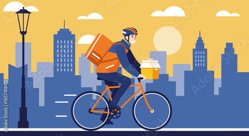 Delivery Cyclist with Food Box and Backpack in City.