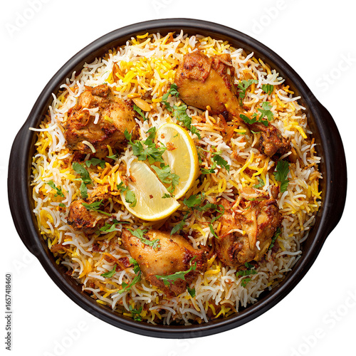 Delicious chicken biryani dish close-up photography on transparent background