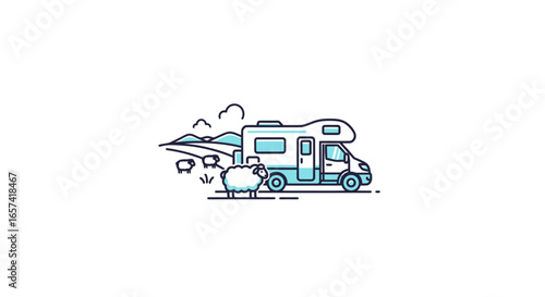 idyllic rv vacation escape to serene countryside motorhome next to sheep in rolling hills perfect for travel blogs and tourism websites