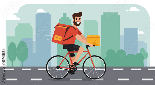 Delivery Cyclist with Red Backpack and Package in City.