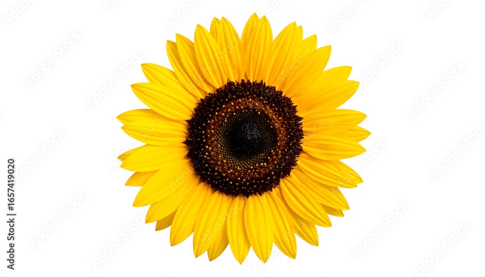 Obraz premium Vibrant yellow sunflower with dark brown center, isolated on white background