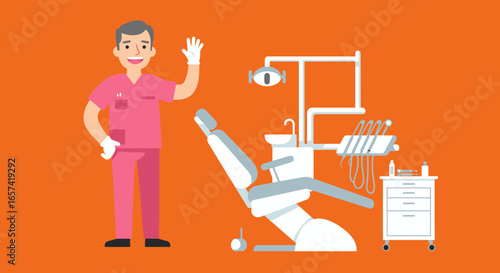 Smiling Dentist with Dental Chair and Equipment Illustration.