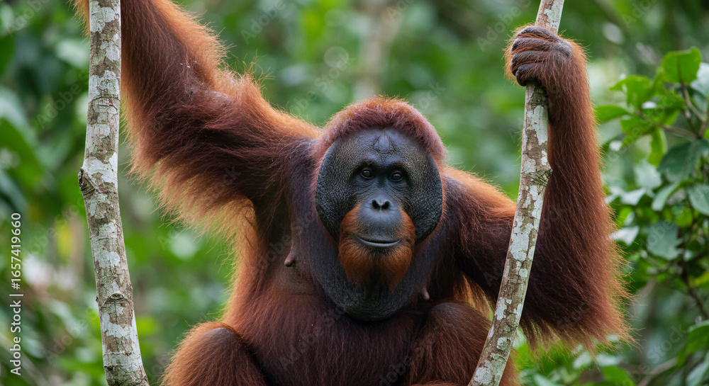 Naklejka premium A powerful male orangutan with reddish-brown fur and distinctive cheek pads hangs from two branches, looking directly at the camera