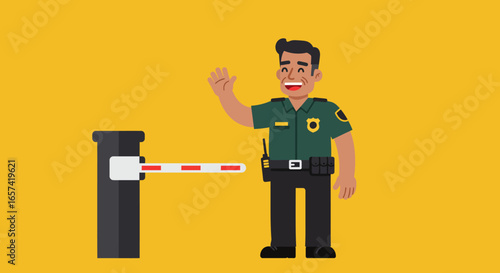 Smiling Security Guard Waving Near Barrier Gate.