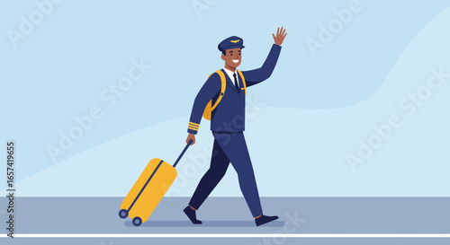 Cheerful Pilot Walking with Luggage Waving Hand.