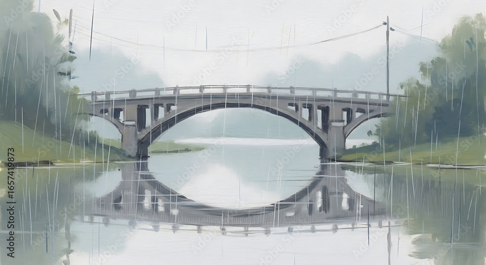 Obraz premium A serene bridge mirroring in tranquil water during a misty day. 