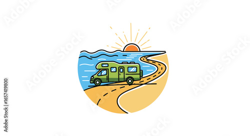 coastal campervan adventure sunset beach rv logo design for travel tourism and vacation businesses