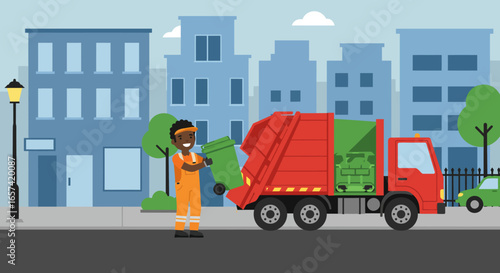 Cartoon Garbage Truck and Sanitation Worker in City.