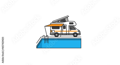 luxury rv vacation poolside paradise illustrative icon for travel leisure and resort marketing
