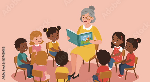 Teacher Reading Storybook to Children in Circle.