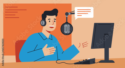 Smiling Man Broadcasting with Microphone and Computer.