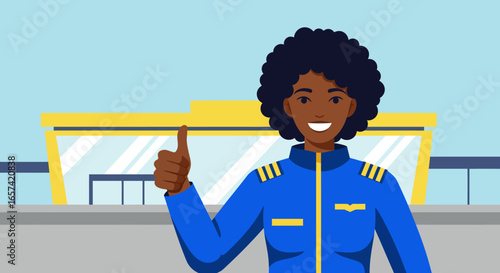 Smiling Black Female Pilot Giving Thumbs Up.