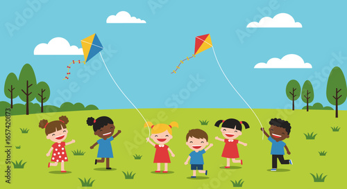 Happy Children Playing with Colorful Kites Outdoors.