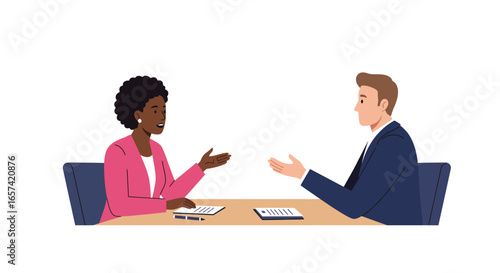 Business Meeting Illustration: Two People Discussing at Table.