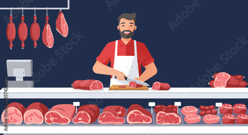 Smiling Butcher Cutting Meat in a Butcher Shop.