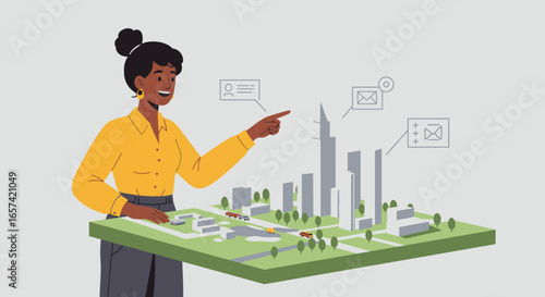Architect Pointing at City Model with Buildings.
