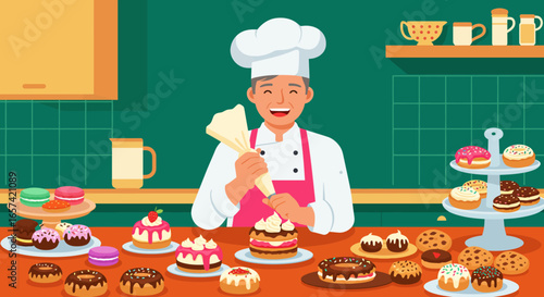 Smiling Chef Decorating Cake with Pastry Bag.