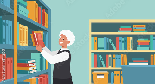 Elderly Woman Selecting Book from Library Bookshelf.