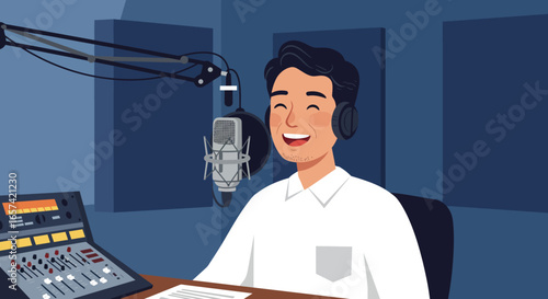 Smiling Man Recording in a Professional Studio.