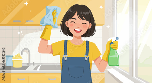 Cheerful Woman Cleaning Kitchen with Spray and Cloth.