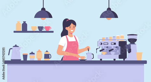 Smiling Barista Preparing Coffee with Espresso Machine.