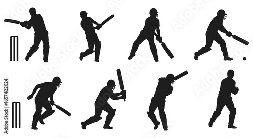 Cricket players in various poses with bats and wickets on white background silhouette
