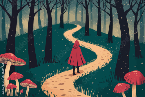 A whimsical illustration of Little Red Riding Hood from behind, walking along a winding path through a dark forest, surrounded by large red mushrooms.