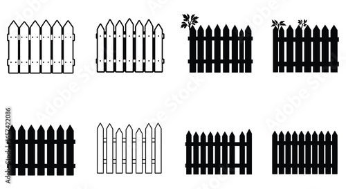 Various styles of fences in black and white illustrations silhouette