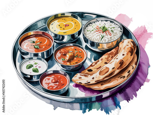 Another depiction of a traditional Indian thali meal, showcasing a similar yet slightly varied arrangement of dishes on a round metal tray.
