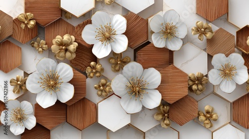 Fototapeta Naklejka Na Ścianę i Meble -  Floral hexagon pattern, wood and marble
